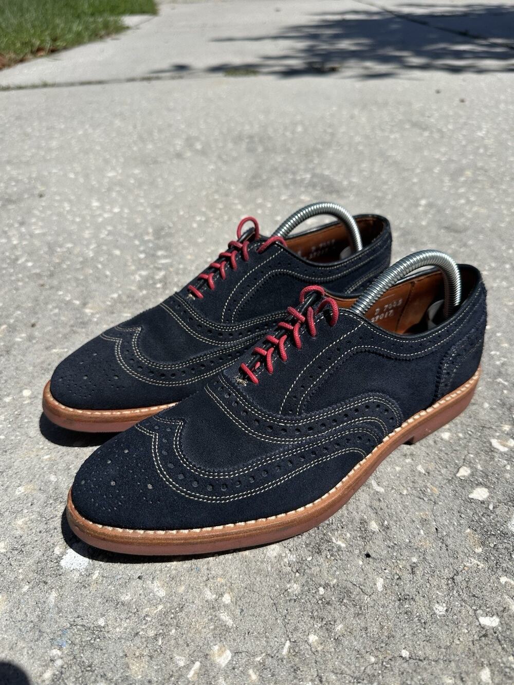 Allen Edmonds Neumok Mens Navy Leather Wingtip Oxford Shoes Red Lace Size 8